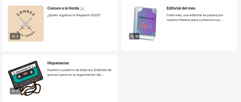 Secciones del Patreon: Hispanautas, Conoce a la Horda, Editorial del Mes