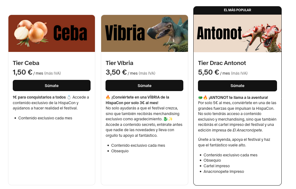 Tiers del Patreon: Ceba, Vibria y Antonot